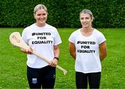 17 July 2023; Anne Corcoran of Waterford, left, and Karen Kennedy of Tipperary wearing #UnitedForEquality t-shirts at an event organised by players at the Radisson Blu at Dublin Airport ahead of the upcoming All-Ireland Championships semi-finals. Photo by Piaras Ó Mídheach/Sportsfile