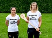 17 July 2023; Amy O'Connor of Cork, left, and Maria Cooney of Galway wearing #UnitedForEquality t-shirts at an event organised by players at the Radisson Blu at Dublin Airport ahead of the upcoming All-Ireland Championships semi-finals. Photo by Piaras Ó Mídheach/Sportsfile