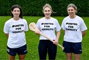 17 July 2023; Players, from left, Westmeath joint-captain Fiona Keating, Ellen Burke of Meath and Westmeath joint-captain Megan Dowdall wearing #UnitedForEquality t-shirts at an event organised by players at the Radisson Blu at Dublin Airport ahead of the upcoming All-Ireland Championships semi-finals. Photo by Piaras Ó Mídheach/Sportsfile