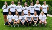 17 July 2023; Players, back row, from left; Sinéad O'Keeffe of Clare, Anne Corcoran of Waterford, Ellen Burke of Meath, Áine McGill of Derry, Fiona Keating of Westmeath, Marie Cooney of Galway, Karen Kennedy of Tipperary, and front row, from left, Jane Horan of Roscommon, Laura Greene of Kilkenny, Aoife McLoughney of Tipperary, Jennifer Curry of Armagh, Amy O'Connor of Cork and Megan Dowdall of Westmeath wearing #UnitedForEquality t-shirts at an event organised by players at the Radisson Blu at Dublin Airport ahead of the upcoming All-Ireland Championships semi-finals. Photo by Piaras Ó Mídheach/Sportsfile