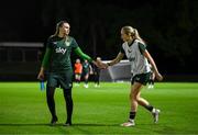 17 July 2023; Goalkeeper Megan Walsh and Megan Connolly, right, during a Republic of Ireland training session at Meakin Park in Brisbane, Australia, ahead of the start of the FIFA Women's World Cup 2023. Photo by Stephen McCarthy/Sportsfile