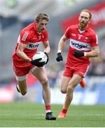 16 July 2023; Brendan Rogers of Derry, left, and Conor Glass during the GAA Football All-Ireland Senior Championship Semi-Final match between Derry and Kerry at Croke Park in Dublin. Photo by David Fitzgerald/Sportsfile