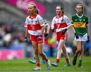 16 July 2023; Lilly May Ward, Scoil Bride, Carrickmacross, Monaghan, representing Derry, during the INTO Cumann na mBunscol GAA Respect Exhibition Go Games at the GAA Football All-Ireland Senior Championship Semi-Final match between Derry and Kerry at Croke Park in Dublin. Photo by Piaras Ó Mídheach/Sportsfile