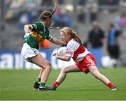 16 July 2023; Alisha Ni Tyrrell, Gaelscoil Lorgan, Baile na Lorgan, Muineachán, representing Derry, in action against Chloe Donnelly, Lissycasey N.S., Ennis, Clare, representing Kerry, during the INTO Cumann na mBunscol GAA Respect Exhibition Go Games at the GAA Football All-Ireland Senior Championship Semi-Final match between Derry and Kerry at Croke Park in Dublin. Photo by Piaras Ó Mídheach/Sportsfile