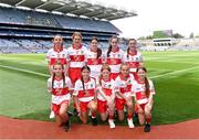 16 July 2023; The Derry team, back row from left; Katie Canning, St. Caran's N.S., Athlone, Roscommon, Katelyn Richardson, Scoil Mhuire Naofa, Carrigallen, Leitrim, Doireann Brady, St. Mary's N.S., Ballyhaise, Cavan, Amy Deighan, St Canice P.S., Dungiven, Derry, Caragh McNicholl, St. Eoghan's P.S., Draperstown, Derry, and front row from left; Lauren Keena, Cornafulla N.S., Athlone, Roscommon, Aine Ward, Scoil na Fuiseoige, 40 Gardenmore Road, Antrim, Alisha Ni Tyrrell, Gaelscoil Lorgan, Baile na Lorgan, Muineachán, Lilly May Ward, Scoil Bride, Carrickmacross, Monaghan, and Sarah Reilly, St Mary's P.S., Teemore, Fermanagh, before the INTO Cumann na mBunscol GAA Respect Exhibition Go Games at the GAA Football All-Ireland Senior Championship Semi-Final match between Derry and Kerry at Croke Park in Dublin. Photo by Piaras Ó Mídheach/Sportsfile