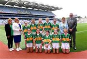 16 July 2023; The Kerry team, back row from left; Siofra Scott, Kildavin N.S., Kildavin, Carlow, Chloe Donnelly, Lissycasey N.S., Ennis, Clare, Sarah O'Connor, St Peters & Pauls, Drumconrath, Meath, Niamh Woods, Glor na Mara N.S, Tramore, Waterford, Niamh Ni Luasaigh, Ballythomas N.S., Gorey, Wexford, and front row from left; Ava Gallagher, Moylough N.S., Tubbercurry, Sligo, Eve Lapthorne, St Mary's N.S., Bishopscourt, Waterford, Julianna Gormley, Carraroe N.S., Carraroe, Sligo, Doireann O'Keeffe, Ard Fhearta N.S., Ardfert, Kerry, and Eve de Paor, Gaelscoil Inse Chór, Cill Mhaighneann, Ath Cliath, with, from left, Bernie Ryan of Cumann na mBunscol, Trina Murray, Leinster LGFA president, Carmel Browne INTO and Uachtarán Chumann Lúthchleas Gael Larry McCarthy before the INTO Cumann na mBunscol GAA Respect Exhibition Go Games at the GAA Football All-Ireland Senior Championship Semi-Final match between Derry and Kerry at Croke Park in Dublin. Photo by Piaras Ó Mídheach/Sportsfile