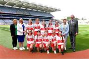 16 July 2023; The Derry team, back row from left; Katie Canning, St. Caran's N.S., Athlone, Roscommon, Katelyn Richardson, Scoil Mhuire Naofa, Carrigallen, Leitrim, Doireann Brady, St. Mary's N.S., Ballyhaise, Cavan, Amy Deighan, St Canice P.S., Dungiven, Derry, Caragh McNicholl, St. Eoghan's P.S., Draperstown, Derry, and front row from left; Lauren Keena, Cornafulla N.S., Athlone, Roscommon, Aine Ward, Scoil na Fuiseoige, 40 Gardenmore Road, Antrim, Alisha Ni Tyrrell, Gaelscoil Lorgan, Baile na Lorgan, Muineachán, Lilly May Ward, Scoil Bride, Carrickmacross, Monaghan, and Sarah Reilly, St Mary's P.S., Teemore, Fermanagh, with, from left, Bernie Ryan of Cumann na mBunscol, Trina Murray, Leinster LGFA president, Carmel Browne INTO and Uachtarán Chumann Lúthchleas Gael Larry McCarthy before the INTO Cumann na mBunscol GAA Respect Exhibition Go Games at the GAA Football All-Ireland Senior Championship Semi-Final match between Derry and Kerry at Croke Park in Dublin. Photo by Piaras Ó Mídheach/Sportsfile