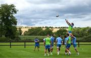 17 July 2023; Alex Soroka takes the ball in a lineout during a Leinster rugby squad training and gym session at Wicklow RFC in Wicklow. Photo by Brendan Moran/Sportsfile