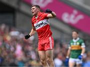 16 July 2023; Ciarán McFaul of Derry celebrates scoring a point during the GAA Football All-Ireland Senior Championship Semi-Final match between Derry and Kerry at Croke Park in Dublin. Photo by Piaras Ó Mídheach/Sportsfile