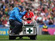 16 July 2023; Gareth McKinless of Derry leaves the pitch on a medical cart after he was injured late in the second half of the GAA Football All-Ireland Senior Championship Semi-Final match between Derry and Kerry at Croke Park in Dublin. Photo by Piaras Ó Mídheach/Sportsfile