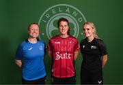 18 July 2023; Republic of Ireland players, from left, Amber Barrett, Niamh Fahey and Izzy Atkinson who previously played with DCU Soccer, University of Galway and Maynooth University respectively pose in their jersey's at Brisbane, Australia, ahead of the start of the FIFA Women's World Cup 2023. Photo by Stephen McCarthy/Sportsfile
