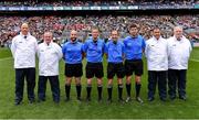 16 July 2023; Referee Joe McQuillan with his match officials before the GAA Football All-Ireland Senior Championship Semi-Final match between Derry and Kerry at Croke Park in Dublin. Photo by Piaras Ó Mídheach/Sportsfile