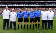 16 July 2023; Referee Joe McQuillan with his match officials before the GAA Football All-Ireland Senior Championship Semi-Final match between Derry and Kerry at Croke Park in Dublin. Photo by Piaras Ó Mídheach/Sportsfile