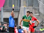 16 July 2023; David Clifford of Kerry is shown the yellow card by referee Joe McQuillan during the GAA Football All-Ireland Senior Championship Semi-Final match between Derry and Kerry at Croke Park in Dublin. Photo by Piaras Ó Mídheach/Sportsfile
