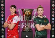 18 July 2023; Toni Leigh Finnegan of Cliftonville, left, and Lynsey McKey of Galway United during the Avenir Sports All-Ireland Cup Final Media Day at FAI Headquarters in Dublin. Photo by Tyler Miller/Sportsfile