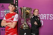 18 July 2023; Toni Leigh Finnegan of Cliftonville, left, and Cliftonville Assistant manager Clare Carson during the Avenir Sports All-Ireland Cup Final Media Day at FAI Headquarters in Dublin. Photo by Tyler Miller/Sportsfile
