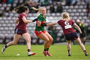 15 July 2023; Ciara Needham of Mayo in action against Louise Ward, right, and Leanne Coen of Galway  during the TG4 Ladies Football All-Ireland Senior Championship quarter-final match between Galway and Mayo at Pearse Stadium in Galway. Photo by Sam Barnes/Sportsfile