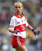 16 July 2023; Lilly May Ward, Scoil Bride, Carrickmacross, Monaghan, representing Derry, during the INTO Cumann na mBunscol GAA Respect Exhibition Go Games at the GAA Football All-Ireland Senior Championship Semi-Final match between Derry and Kerry at Croke Park in Dublin. Photo by Brendan Moran/Sportsfile