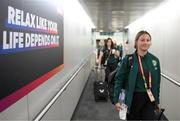 19 July 2023; Republic of Ireland's Kyra Carusa at Brisbane Airport, Australia, ahead of the team's chartered flight to Sydney for their opening FIFA Women's World Cup 2023 group match against co-host Australia, on Thursday. Photo by Stephen McCarthy/Sportsfile