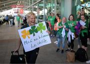 19 July 2023; Republic of Ireland manager Vera Pauw with supporters at Sydney Airport, Australia, upon the team's arrival from their base in Brisbane, for their opening FIFA Women's World Cup 2023 group match against co-host Australia, on Thursday. Photo by Stephen McCarthy/Sportsfile