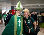 19 July 2023; Republic of Ireland manager Vera Pauw with supporter Robert Cunningham, resident in Syndey but originally from Summerhill, Dublin, at Sydney Airport, Australia, upon the team's arrival from their base in Brisbane, for their opening FIFA Women's World Cup 2023 group match against co-host Australia, on Thursday. Photo by Stephen McCarthy/Sportsfile