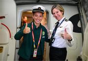 19 July 2023; Republic of Ireland captain Katie McCabe with Captain Kate Fraser at Sydney Airport, Australia, upon the team's arrival from their base in Brisbane, for their opening FIFA Women's World Cup 2023 group match against co-host Australia, on Thursday. Photo by Stephen McCarthy/Sportsfile