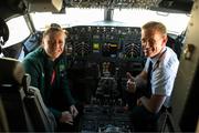 19 July 2023; Republic of Ireland's Lucy Quinn sits in the cockpit with first officer Rupert Monahan at Sydney Airport, Australia, upon the team's arrival from their base in Brisbane, for their opening FIFA Women's World Cup 2023 group match against co-host Australia, on Thursday. Photo by Stephen McCarthy/Sportsfile