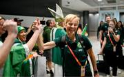 19 July 2023; Republic of Ireland manager manager Vera Pauw with supporters at Sydney Airport, Australia, upon the team's arrival from their base in Brisbane, for their opening FIFA Women's World Cup 2023 group match against co-host Australia, on Thursday. Photo by Stephen McCarthy/Sportsfile