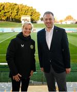 19 July 2023; Manager Vera Pauw, left, and Minister of State at the Department of Tourism, Culture, Arts, Gaeltacht, Sport and Media and at the Department of Education Thomas Byrne before a Republic of Ireland training session at the Leichhardt Oval in Sydney, Australia. Photo by Stephen McCarthy/Sportsfile