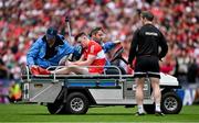 16 July 2023; Gareth McKinless of Derry leaves the pitch on a stretcher during the GAA Football All-Ireland Senior Championship Semi-Final match between Derry and Kerry at Croke Park in Dublin. Photo by Brendan Moran/Sportsfile