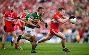 16 July 2023; Ethan Doherty of Derry is tackled by Graham O'Sullivan of Kerry during the GAA Football All-Ireland Senior Championship Semi-Final match between Derry and Kerry at Croke Park in Dublin. Photo by Brendan Moran/Sportsfile