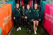19 July 2023; Sophie Whitehouse, left, Ciara Grant, centre, and Kyra Carusa during a Republic of Ireland stadium familiarisation at Stadium Australia in Sydney, Australia. Photo by Stephen McCarthy/Sportsfile