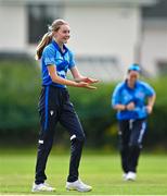 19 July 2023; Alice Tector of Typhoons celebrate the wicket of Lara Maritz of Scorchers during the Evoke Super Series 2023 match between Typhoons and Scorchers at Pembroke Cricket Club in Dublin. Photo by Sam Barnes/Sportsfile