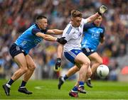 15 July 2023; Michael Bannigan of Monaghan is tackled by Eoin Murchan of Dublin during the GAA Football All-Ireland Senior Championship semi-final match between Dublin and Monaghan at Croke Park in Dublin. Photo by Brendan Moran/Sportsfile