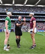 8 July 2023; Referee James Owens with team captains Cian Lynch of Limerick and Daithí Burke of Galway for the coin toss before the GAA Hurling All-Ireland Senior Championship semi-final match between Limerick and Galway at Croke Park in Dublin. Photo by Piaras Ó Mídheach/Sportsfile