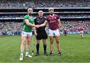 8 July 2023; Referee James Owens with team captains Cian Lynch of Limerick and Daithí Burke of Galway before the GAA Hurling All-Ireland Senior Championship semi-final match between Limerick and Galway at Croke Park in Dublin. Photo by Piaras Ó Mídheach/Sportsfile