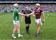 8 July 2023; Referee James Owens with team captains Cian Lynch of Limerick and Daithí Burke of Galway before the GAA Hurling All-Ireland Senior Championship semi-final match between Limerick and Galway at Croke Park in Dublin. Photo by Piaras Ó Mídheach/Sportsfile