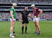 8 July 2023; Referee James Owens with team captains Cian Lynch of Limerick and Daithí Burke of Galway for the coin toss before the GAA Hurling All-Ireland Senior Championship semi-final match between Limerick and Galway at Croke Park in Dublin. Photo by Piaras Ó Mídheach/Sportsfile