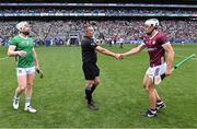 8 July 2023; Referee James Owens with team captains Daithí Burke of Galway and Cian Lynch of Limerick before the GAA Hurling All-Ireland Senior Championship semi-final match between Limerick and Galway at Croke Park in Dublin. Photo by Piaras Ó Mídheach/Sportsfile
