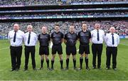 8 July 2023; Referee James Owens and his match officials before the GAA Hurling All-Ireland Senior Championship semi-final match between Limerick and Galway at Croke Park in Dublin. Photo by Piaras Ó Mídheach/Sportsfile