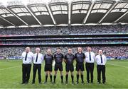 8 July 2023; Referee James Owens and his match officials before the GAA Hurling All-Ireland Senior Championship semi-final match between Limerick and Galway at Croke Park in Dublin. Photo by Piaras Ó Mídheach/Sportsfile