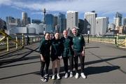 20 July 2023; Republic of Ireland players, from left, Ciara Grant, Lucy Quinn, Courtney Brosnan and Louise Quinn on the Pyrmont Bridge during a team walk ahead of the FIFA Women's World Cup 2023 Group B match between Australia and Republic of Ireland at Stadium Australia in Sydney, Australia. Photo by Stephen McCarthy/Sportsfile