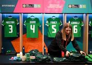 20 July 2023; Republic of Ireland equipment manager Orla Haran prepares their dressing room before the FIFA Women's World Cup 2023 Group B match between Australia and Republic of Ireland at Stadium Australia in Sydney, Australia. Photo by Stephen McCarthy/Sportsfile