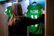 20 July 2023; Republic of Ireland equipment manager Orla Haran prepares the jersey of Katie McCabe of Republic of Ireland before the FIFA Women's World Cup 2023 Group B match between Australia and Republic of Ireland at Stadium Australia in Sydney, Australia. Photo by Stephen McCarthy/Sportsfile