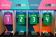 20 July 2023; The jersey's of Republic of Ireland players, from left, Courtney Brosnan, Claire O'Riordan, Chloe Mustaki and Louise Quinn hang in their dressing room before the FIFA Women's World Cup 2023 Group B match between Australia and Republic of Ireland at Stadium Australia in Sydney, Australia. Photo by Stephen McCarthy/Sportsfile