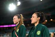 20 July 2023; Áine O'Gorman, right, and Republic of Ireland goalkeeper Megan Walsh before the FIFA Women's World Cup 2023 Group B match between Australia and Republic of Ireland at Stadium Australia in Sydney, Australia. Photo by Stephen McCarthy/Sportsfile