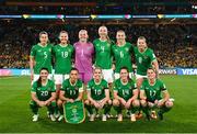 20 July 2023; The Republic of Ireland team, back row, from left, Niamh Fahey, Kyra Carusa, goalkeeper Courtney Brosnan, Louise Quinn, Megan Connolly and Ruesha Littlejohn. Front row, from left, Marissa Sheva, captain Katie McCabe, Denise O'Sullivan, Heather Payne and Sinead Farrelly before the FIFA Women's World Cup 2023 Group B match between Australia and Republic of Ireland at Stadium Australia in Sydney, Australia. Photo by Stephen McCarthy/Sportsfile