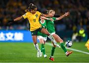 20 July 2023; Ruesha Littlejohn of Republic of Ireland in action against Mary Fowler of Australia during the FIFA Women's World Cup 2023 Group B match between Australia and Republic of Ireland at Stadium Australia in Sydney, Australia. Photo by Stephen McCarthy/Sportsfile