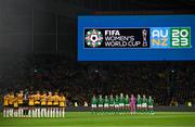 20 July 2023; Republic of Ireland and Australia players observe a minute of silence for the victims of the Auckland shooting before the FIFA Women's World Cup 2023 Group B match between Australia and Republic of Ireland at Stadium Australia in Sydney, Australia. Photo by Stephen McCarthy/Sportsfile