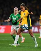 20 July 2023; Mary Fowler of Australia in action against Denise O'Sullivan of Republic of Ireland during the FIFA Women's World Cup 2023 Group B match between Australia and Republic of Ireland at Stadium Australia in Sydney, Australia. Photo by Mick O'Shea/Sportsfile